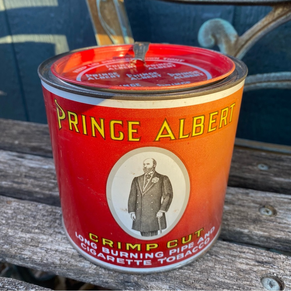 Vintage Antique Prince Albert Red Tobacco Tin, round red tin with opener